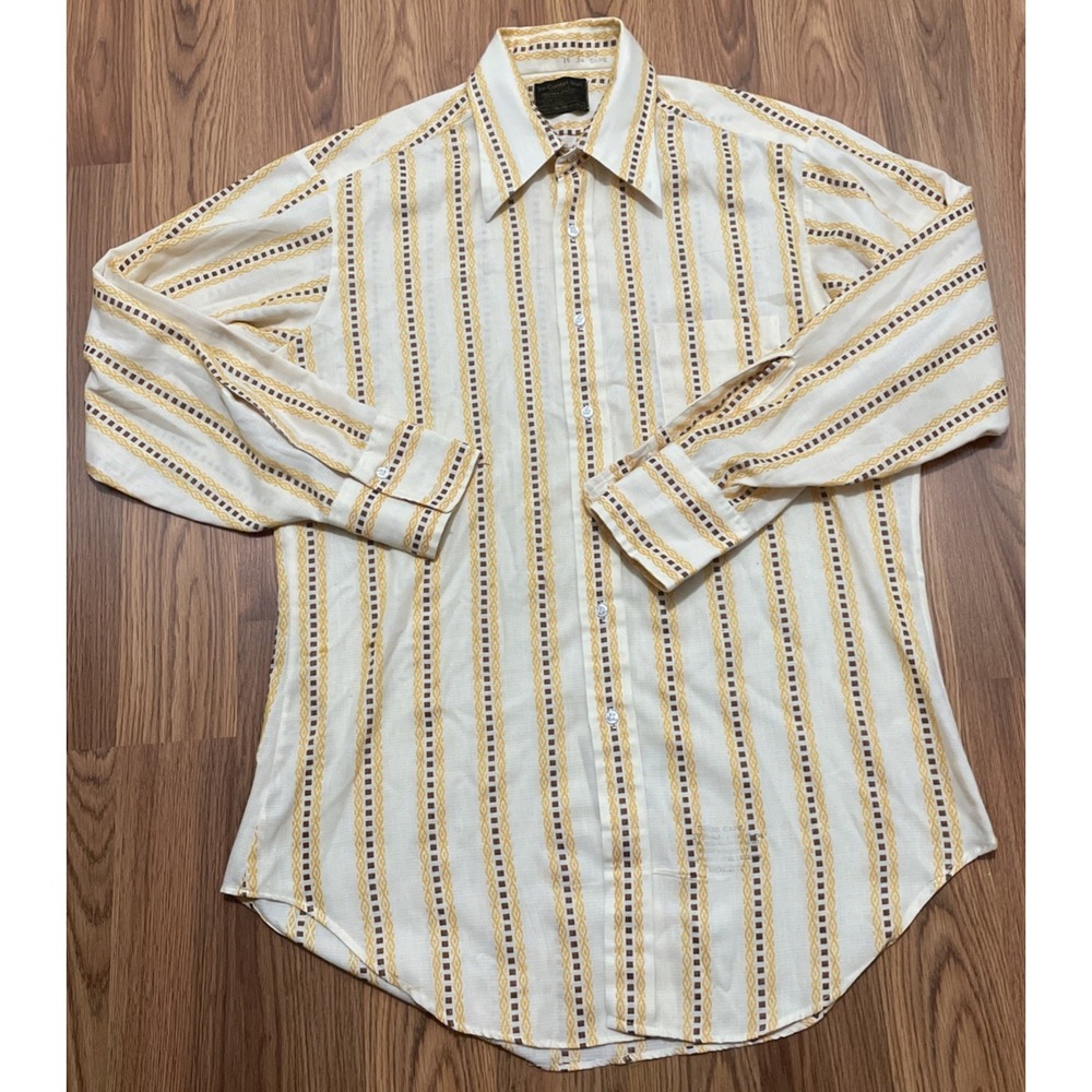 Vintage 70s Sears Disco Shirt Mens Large Yellow Stripe Dagger Collar Polyester